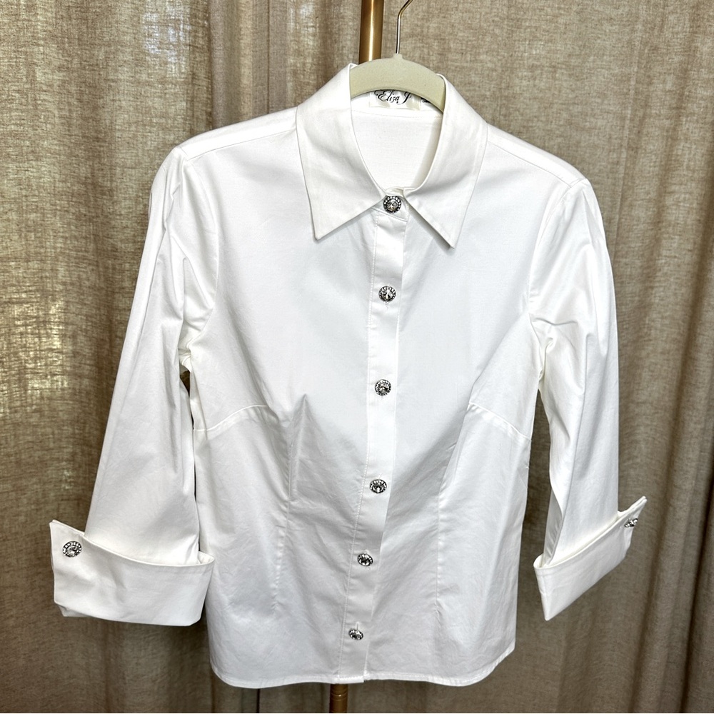 Eliza J Collared 3/4 Sleeve Blouse with Rhinestone Buttons, Size 6